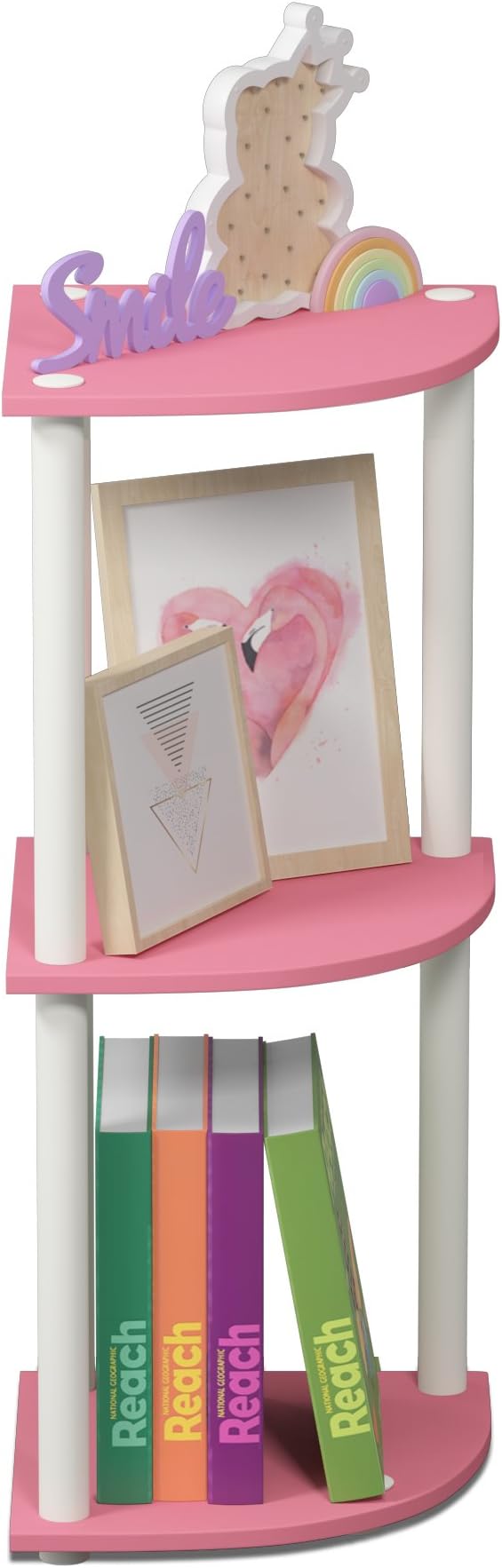 Furinno TURN-N-TUBE Corner Shelf, 3-Tier Corner Bookshelf, Display Storage Shelves with Open Shelves, for Organization and Storage, Living Room, Home Office, Garage, Pink - Image 6