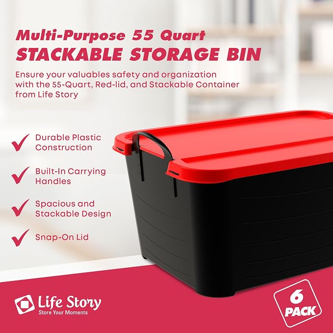 Life Story 6 Pack Heavy Duty Stackable Storage Bin, 55 Quart Home Organizer, Versatile Lightweight Locking Bins with Carrying Handles, Black/Red - Image 2