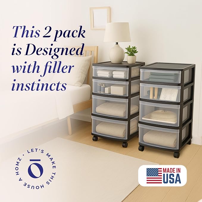 HOMZ 2-Pack Drawer Tower, 4-Tier Clear Plastic Storage Organizer Cart, Black Frame - Organizing Containers with Wheels for Home, Bathroom, Bedroom, Office, and Classroom - Image 4