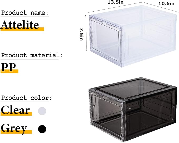 Attelite Shoe Box,Set of 6,Stackable Plastic Clear Shoe Box Organizer with Magnetic Door,Shoe Storage Box Thicken Sturdy,Easy Assembly,Fit up to US Size 12,Black - Image 2
