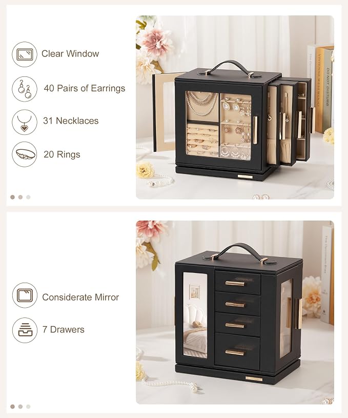 Homde Jewelry Box for Women Large: Rotating Organizer for Ring Earring Necklace Bracelet - 7 Drawers Storage for Dresser (Black) - Image 4
