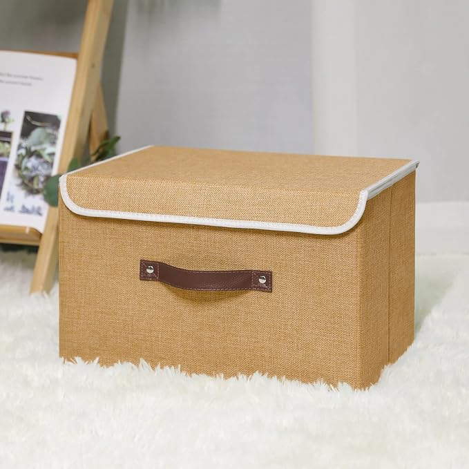 ANMINY Storage Bin with Lid Storage Boxes with PU Leather Handles PP Plastic Board Decorative Foldable Lidded Cotton Linen Fabric Home Cubes Baskets Closet Organizer Container - Khaki, Large Size - Image 6