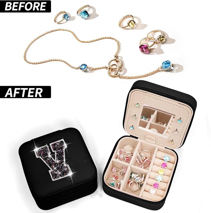 Uygafly Personalized Jewelry Case for Women Girls - Fashion Mini Jewelry Boxes - Trendy Travel Jewelry Organizer with Initials Letter - Teen Gifts | Black,V - Image 6