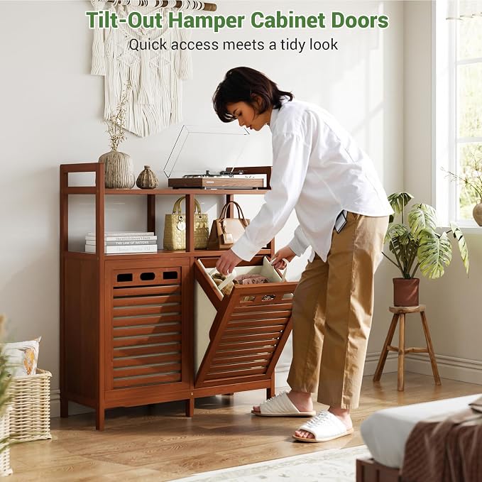 Homykic Tilt Out Laundry Hamper Cabinet, Bamboo Double Laundry Hamper with 2 Removable Laundry Baskets, 20 Gal Laundry Sorter Organizer with Shelf for Dirty Clothes, Bathroom, Laundry Room, Walnut - Image 4