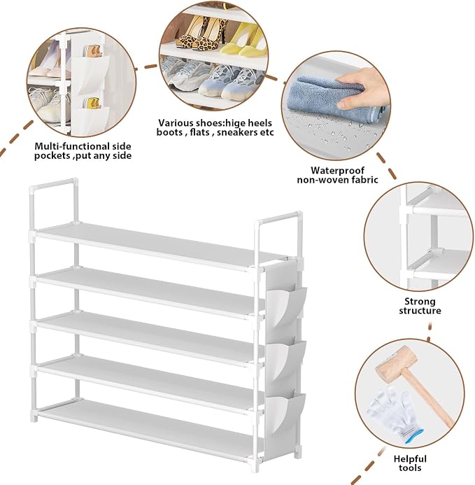OYREL 5 Tier Shoe Organizer, 33.3in Wide x 11.2in Deep x 35.6in Tall, Black Metal and Plastic Shoe Rack with Side Bag, Holds 20-25 Pairs of Shoes - Image 5