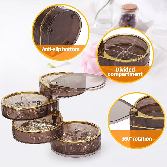 LETURE 4-Layers Rotatable Jewelry Organizer Storage Box, Clear Jewelry Holder Case for Ring Earring Necklaces Bracelets Makeup Hair Accessories - Image 6