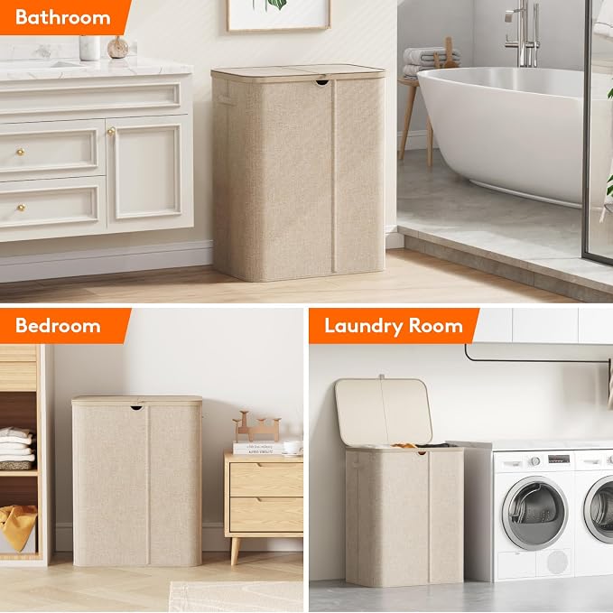 Lifewit 185L Large 3 Section Laundry Hamper with Lid, Plastic Laundry Basket with Bamboo Handles and Removable Bags, Tall Foldable Clothes Hamper for Bathroom Bedroom, Beige - Image 9