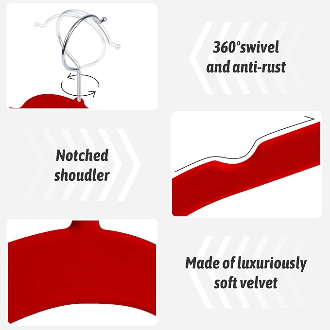 Sishynio Velvet Hangers 50 Pack – Slim Non-Slip Flocked Hangers with 360° Swivel Hook, Space-Saving Closet Organizer for Dresses, Blouses, Coats(Red) - Image 2