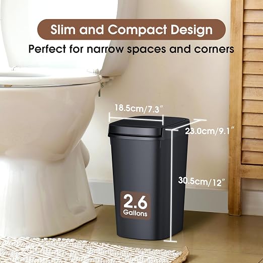 CEROELDA 3 Pack Slim Bathroom Trash Can, 10L/2.6 Gal with Press Top and Pop-up Lid, Plastic Wastebasket for Toilet, Office, Bedroom (Black) - Image 2