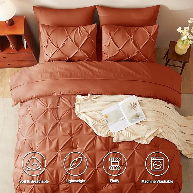 CozyLux King Size Comforter Set Burnt Orange, 7 Pieces Bed in A Bag Terracotta Comforter King Size, Pinch Pleat Bedding Set with All Season Comforter, Sheets, Pillowcases & Shams