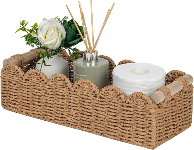 CubesLand Paper Rope Scalloped Edge Toilet Paper Storage Basket, Small Living Room, Bedroom Decor Baskets for Over Toilet Storage Shelf, End Table, Shelves and More, with 2 Wooden Handle, Neutral by CubesLand