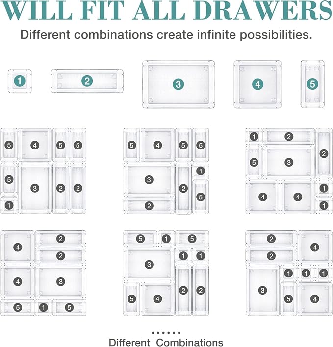 StorMiracle 25 PCS Drawer Organizer Set, 4 Varied Size Bathroom and kitchen Drawer cabinet organizer Trays, Clear Storage Bins for Makeup, Jewelry, Utensils and Gadgets - Image 4