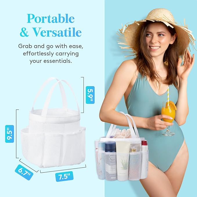 Lifewit Mesh Shower Caddy Portable for College Dorm Room Essentials with 7 Pockets, Freestanding Hanging Organizer Basket, Quick Dry Tote Bag for Camping, Bathroom, Beach, Travel, 1 Pack, White - Image 2