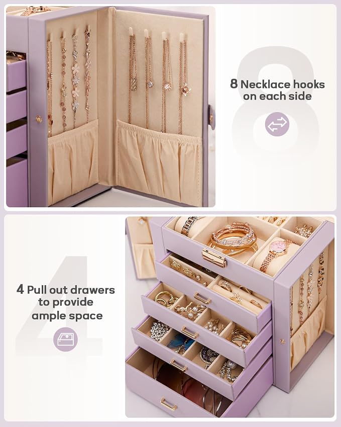 Homde Synthetic Leather Huge Jewelry Box Mirrored Watch Organizer Necklace Ring Earring Storage Lockable Gift Case (Grey Purple + Gold) - Image 5