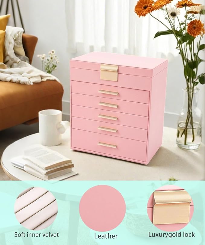 BOOVO Jewelry Boxes for Women, White and Black 6 Layer Large Jewelry Box for Necklace, Bracelet, Earrings, Rings Storage, Jewelry holder Organizer for Girls Gift (Pink, 6 layer) - Image 3