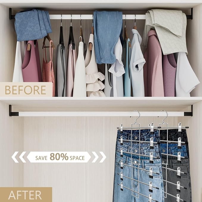Pants Hangers with Clips,Space Saving Hanging Closet Organizer-6 Tiers Skirt Hangers with 360° Swivel Hook,Closet Organizer-Clothes Hangers- College Dorm Essentials Apartment Essentials- 6 Pack - Image 2