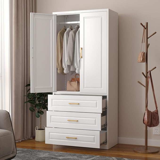 SteeLoong 71" Metal Armoire Wardrobe Closet with 3 Drawer，Tall Clothing Storage Cabinet with Adjustable Shelves and Hanging Rod,White Wardrobe Closet for Bedroom,Home,Office,Gym