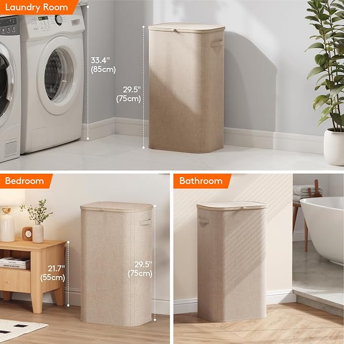 Lifewit 105L Large Laundry Basket with Lid, Laundry Hamper with Plastic Handles and Removable Bag, Foldable Tall Dirty Clothes Hampers for Laundry for Laundry Room, Bedroom, Bathroom, Dorm, Beige - Image 8