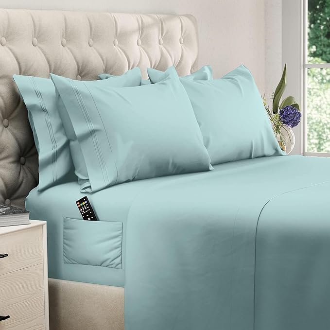 DREAMCARE Queen Sheet Set - 6 pcs Breathable Cooling Bed Sheets - up to 15" Deep Pocket Queen Sheets Set with Side Pockets - Extra Soft 100% Brushed Hypoallergenic Hotel Luxury Bedding - Spa Blue