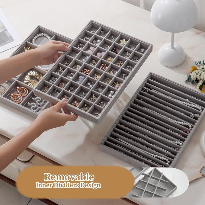 Large Velvet Jewelry Tray 2 Pack Stackable Jewelry Display Drawer Inserts Trays Organizer for Earring Bracelet Necklace Ring (Gray, 48 Grids) - Image 5