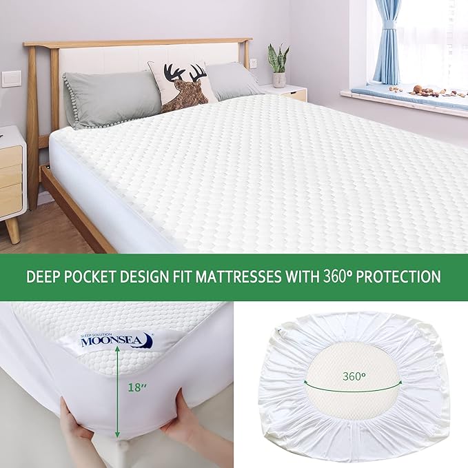 Queen Mattress Protector Waterproof Cooling Queen Mattress Pad Cover, Viscose 3D Air Breathable Fabric, Fitted 8-18 inch Deep Pocket, Washable Noiseless