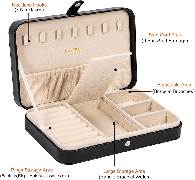 LANDICI Small Jewelry Box for Women Girls, PU Leather Travel Jewelry Case, Portable Jewelry Organizer Storage Holder Display for Ring Earrings Necklace Bracelet Bangle Men Kids Gift, Black - Image 3