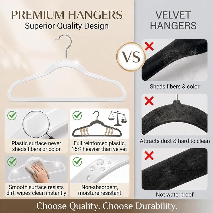 Smarter Plastic Hangers 200 Pack - Thin Hangers Non-Velvet with 360° Swivel Chrome Hook & Notches, Sweater Hanger No Shoulder Bump - Ideal for Dresses, Coats, Shirt, Jacket, Sweater - White - Image 5
