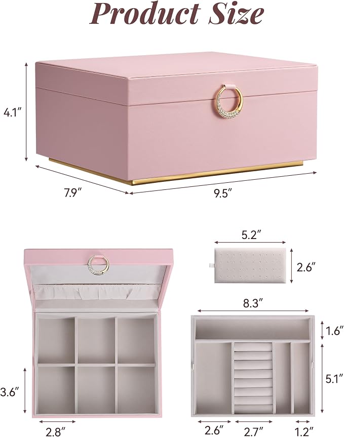 pickpiff 2 Layer Jewelry Box Organizer for Women, Jewelry Organizer with Handle & Removable Tray, Necklace Holder Ring Earring Storage, Velvet Lined Jewelry Case for Home or Travel, Gift Ready, Pink - Image 6