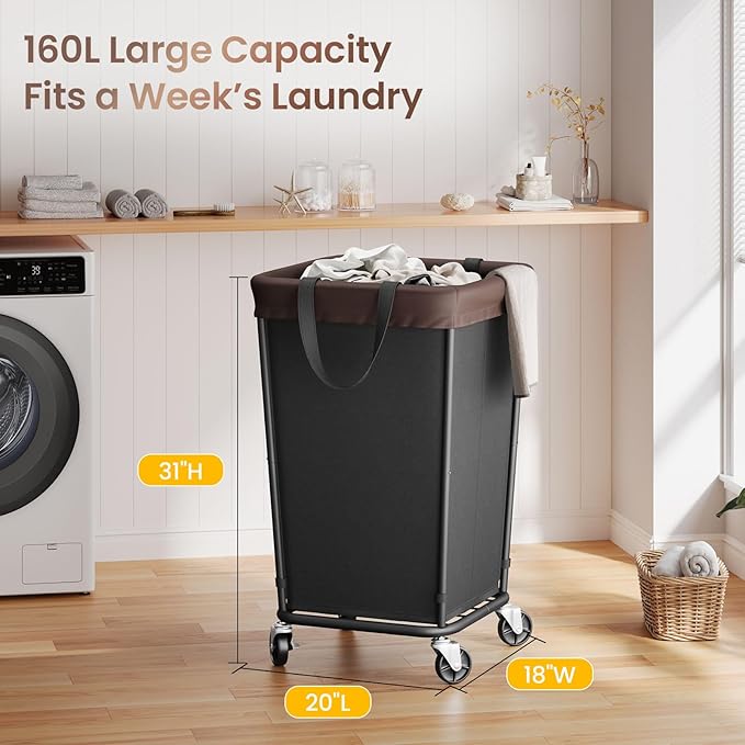 160L Laundry Basket with Wheels, 2-section Rolling Laundry Basket, Large Laundry Hamper with Wheels, Rolling Laundry Hamper Clothes Hamper for Home, Bathrooms and Dorm(Black) - Image 3