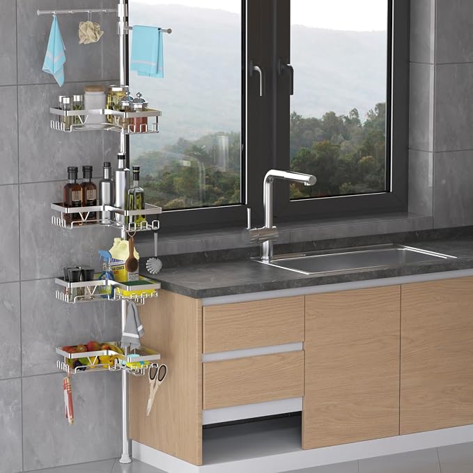 KEGII Shower Caddy Tension Pole with 2 Towel Bars, Adjustable Corner Bathroom Organizer, Rustproof Bathtub Storage Shelves for Shampoo, 25–114.2 Inch Shower Rack for Renters & Family, Silver - Image 6