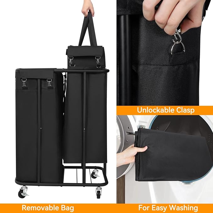 WOWLIVE Double Laundry Hamper with Wheels 170L Rolling Laundry Basket Organizer Laundry Cart with Steel Frame and Removable Bags Large Dirty Clothes Hamper Dorm Room Storage for Bedroom (Black) - Image 6