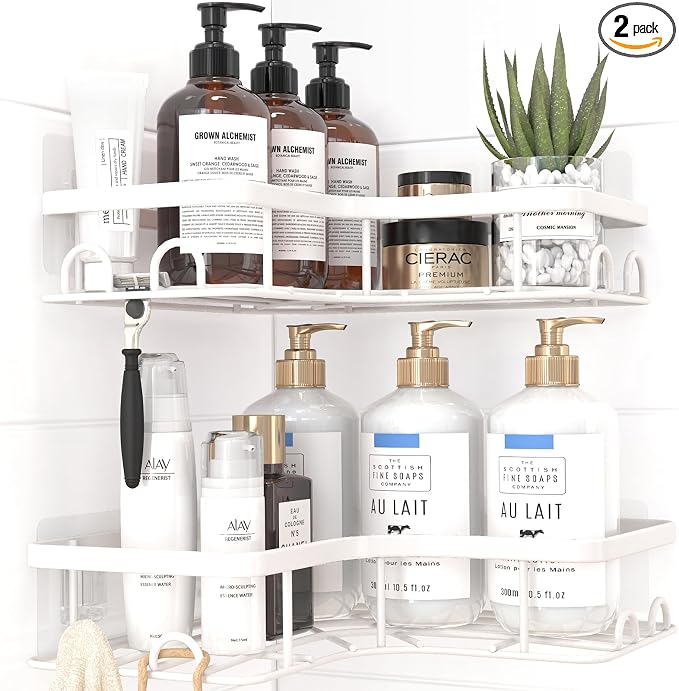 Sakugi Corner Shower Caddy - 2 Pack, Adhesive Shower Organizers, Rustproof Stainless Steel Shower Shelves with 8 Hooks, No Drilling Bathroom Organizers and Storage Racks, Space-Saving, White, Medium by Sakugi