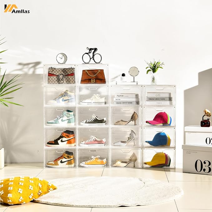 Amllas 8 Pack Shoe Boxes Clear Plastic Stackable, Large Shoe Storage Organizer with Lids,Drop Side Shoe Containers for Entryway,Sneaker Storage Fit up to US Size 13 (13’’x 10.6”x 8.3”) - Image 5