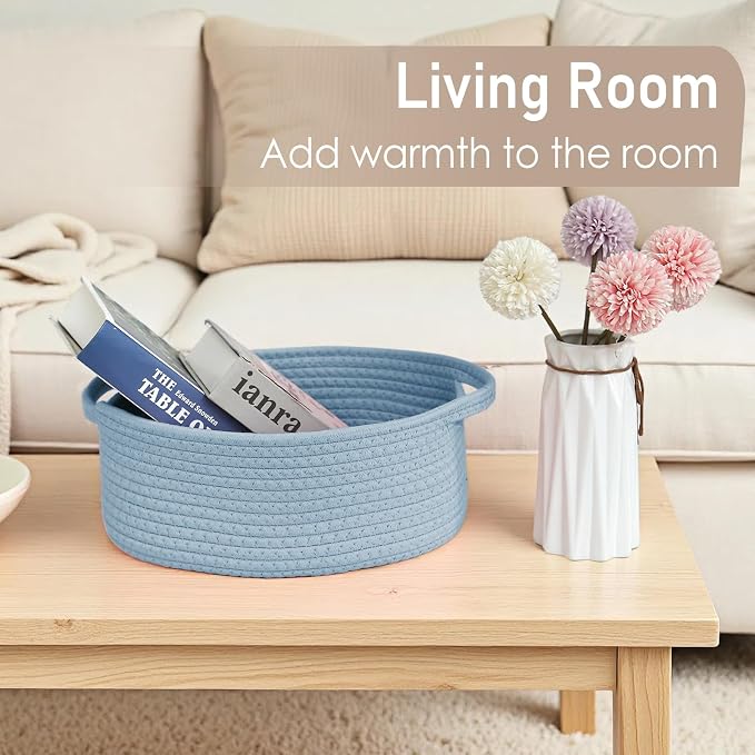 JMvicyroam Woven Basket,Small Rope Storage Bin with Handles & Ribbon Bag, Organizer for Shelves Closets,Gift Basket Empty for Birthday,Books,Dog Toys, Blue - Image 7