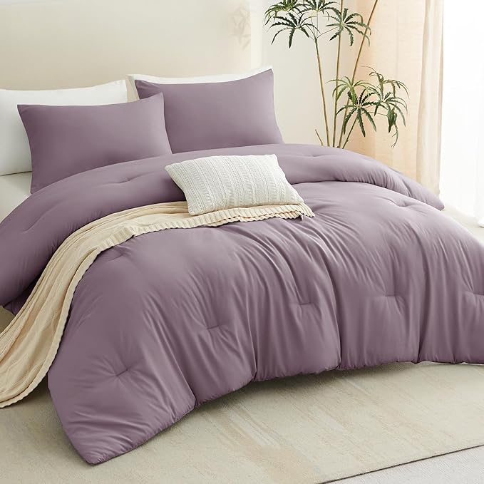 CozyLux Oversized Queen Comforter Set Dusty Purple, 3 Pieces 98x98 Solid Breathable Bedding Sets, Grayish Purple Luxury Soft Lightweight Bed Set with Down Alternative Comforter and 2 Pillowcases
