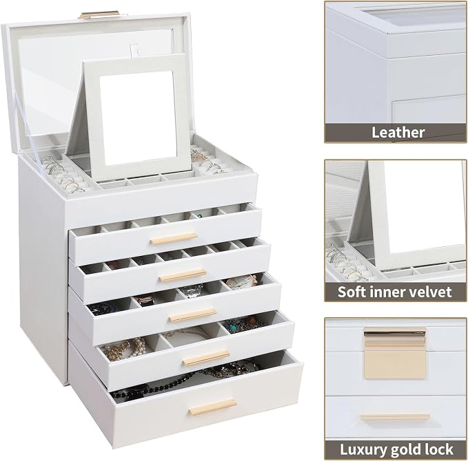 BOOVO Jewelry Boxes for Women, White and Black 6 Layer Large Jewelry Box for Necklace, Bracelet, Earrings, Rings Storage, Jewelry holder Organizer for Girls Gift (Clear White, 6 layer) - Image 2