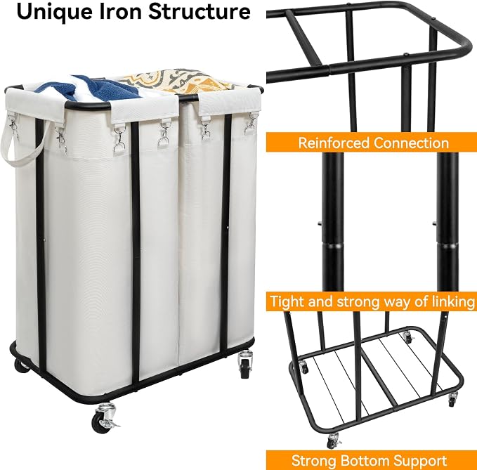 WOWLIVE Double Laundry Hamper with Wheels 170L Rolling Laundry Basket Organizer Laundry Cart with Steel Frame and Removable Bags Large Dirty Clothes Hamper Dorm Room Storage for Bedroom (Beige) - Image 5