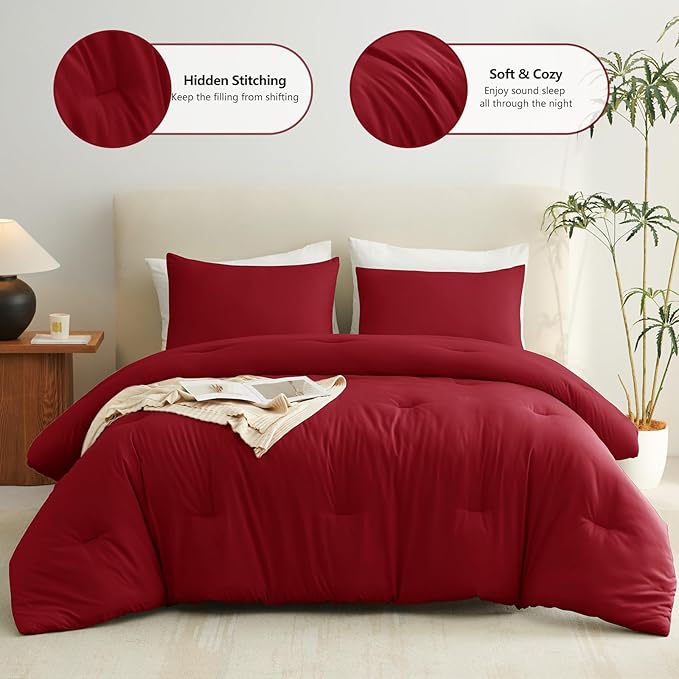 CozyLux Full Size Comforter Set Dark Red, 3 Pieces Solid Breathable Quilted Bedding Sets, Luxury Lightweight Soft Bed Set with Down Alternative Comforter and 2 Pillowcases for All Seasons