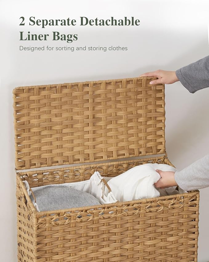 SETVSON Laundry Hamper with Lid, 112 L Handwoven Rattan Wicker Laundry Basket, 2 Removable Liner Bags Metal Heightened Feet, 6 Mesh Bags, 2 Section Large Clothes Hamper for Bathroom Bedroom, Natural - Image 4