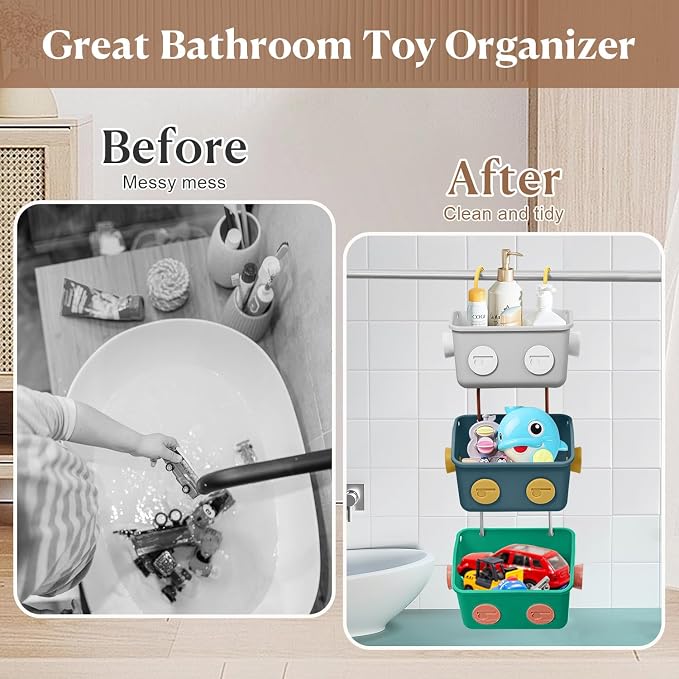 Bath Toy Storage Organizer Basket, 3 Pack Cute Robot Bathtub Shower Toy Organizer, Wall Mounted Hanging Bath Toy Holder with Hooks, for Tub Laundry - Image 6