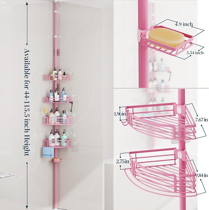 Consumest Corner Shower Caddy Tension Pole - Rustproof Shower Shelves with Towel Bar & Soap Holder, Adjustable Bath Organizer for Bathroom Storage, 27.6-108.3 inch, Pink - Image 8