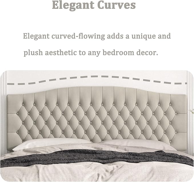 Befurtori King Headboard Only, Upholstered Head Board for Adjustable Bed Velvet Tufted Cal King Size Wall Mounted Headboard with Solid Wood Legs Head Board, Light Warm Gray/Taupe