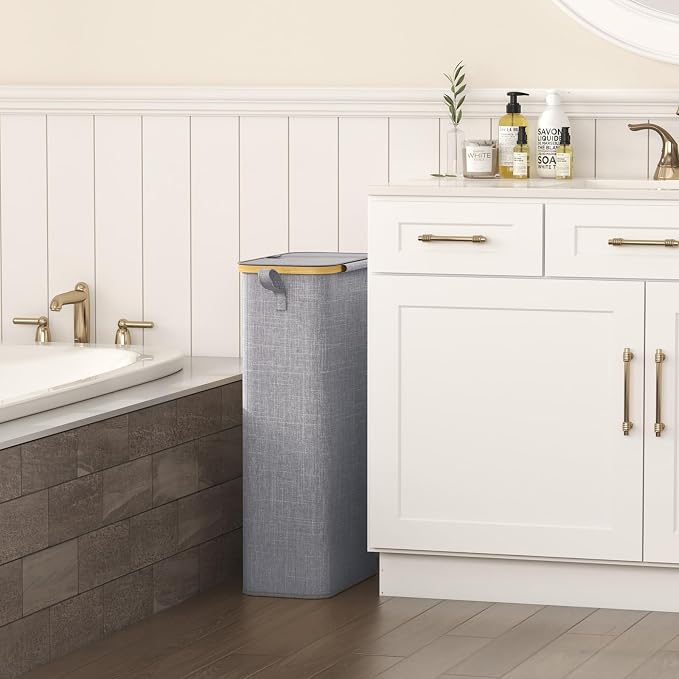 Lifewit 65L Slim Laundry Hamper with Lid, Narrow Laundry Basket with Removable Bag & Bamboo Handles, Fodable Thin Dirty Clothes Hamper for Laundry Collapsible Bin for Bathroom Bedroom Dorm, Gray - Image 2