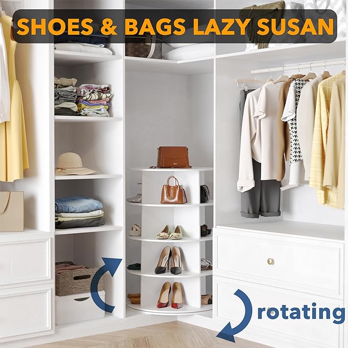 SpaceAid 4 Tier Rotating Shoe Rack Tower, Spinning Shoe Display Lazy Susan, Revolving 360 Shoe Rack Storage Round Carousel, Vertical Handbag Rotate Shoes Closet Organization (4-Tier White) - Image 4