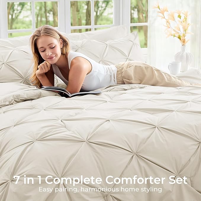 Sasttie Twin XL Comforter Set, 5-Piece Bed in a Bag, Pintuck Bedding Sets for All Season, Includes Comforter, Flat Sheet, Fitted Sheet, Pillowcase and Pillowsham, Beige