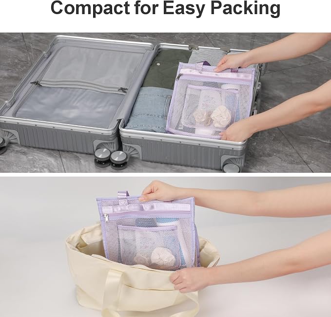 F-color Mesh Shower Caddy Portable Hanging - 3 Pockets Small Shower Bag Tote for Camping, Gym, Travel, Toiletry, Quick Dry Bathroom Essentials with S Hook, Purple - Image 6
