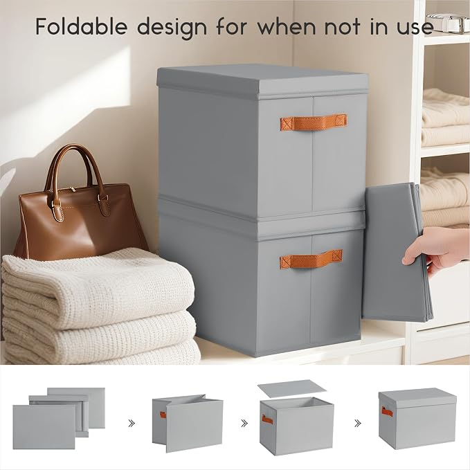 Homsorout Storage Bins with Lids - Large Fabric Closet Bins with Lid, 5 Pack Clothes Organizers and Storage, Collapsible Stackable Cube Basket for Home, Office, Dorm, Grey - Image 3