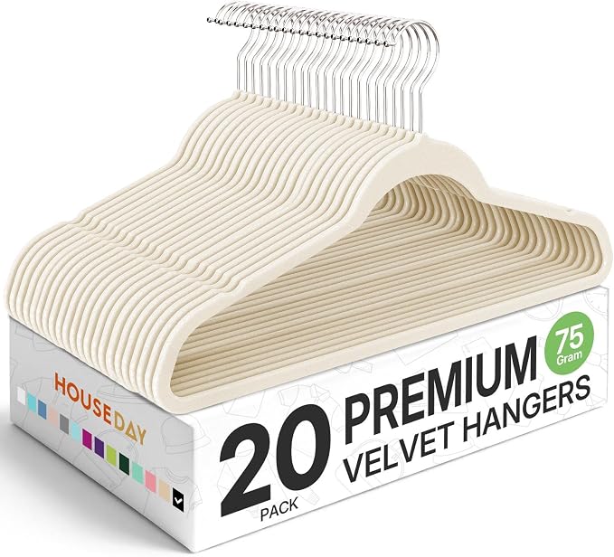 HOUSE DAY Premium Velvet Clothes Hangers Non-Slip Flocked Felt Hangers Heavy Duty Durable Coat and Suit Hanger, Vibrant Color Slim Lightweight Space Saving Hanger (20 Pack, Ivory) by HOUSEDAY