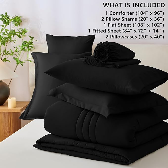 CozyLux California King Size Comforter Set - 7 Pieces Bed in a Bag Black Comforter Set with Sheets Cal King, Soft Bedding Set with Down Alternative Comforter, Sheets, Pillowcases & Shams
