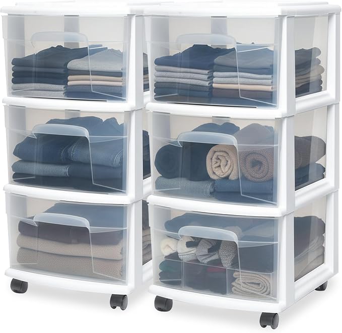 HOMZ 2-Pack Drawer Tower, 3-Tier Clear Plastic Storage Organizer Cart, White Frame - Organizing Containers with Wheels for Home, Bathroom, Bedroom, Office, and Classroom by Homz
